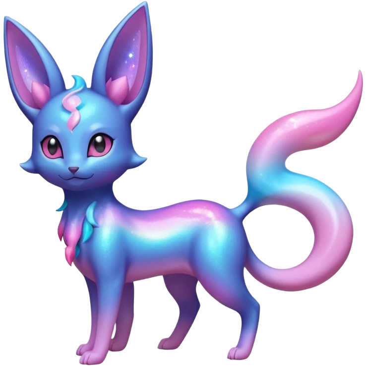 Shiny Iridescent Nebulae Espeon-Umbreon-Sylveon-Fakémon-hybrid-creature (full body)  with a galaxy-dust-flowing-gradient-tail emoji
