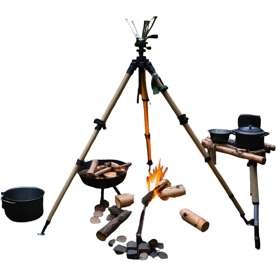 bushcraft wilderness campfire with tripod cooking setup and log seats emoji