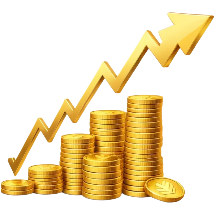 upward arrow next to gradually increasing stacks of gold coins, showing progression emoji