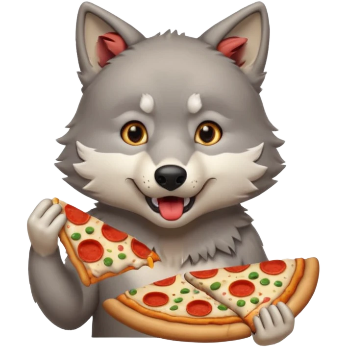 a surprised grey wolf eating a piece of pizza in a sitting pose emoji emoji