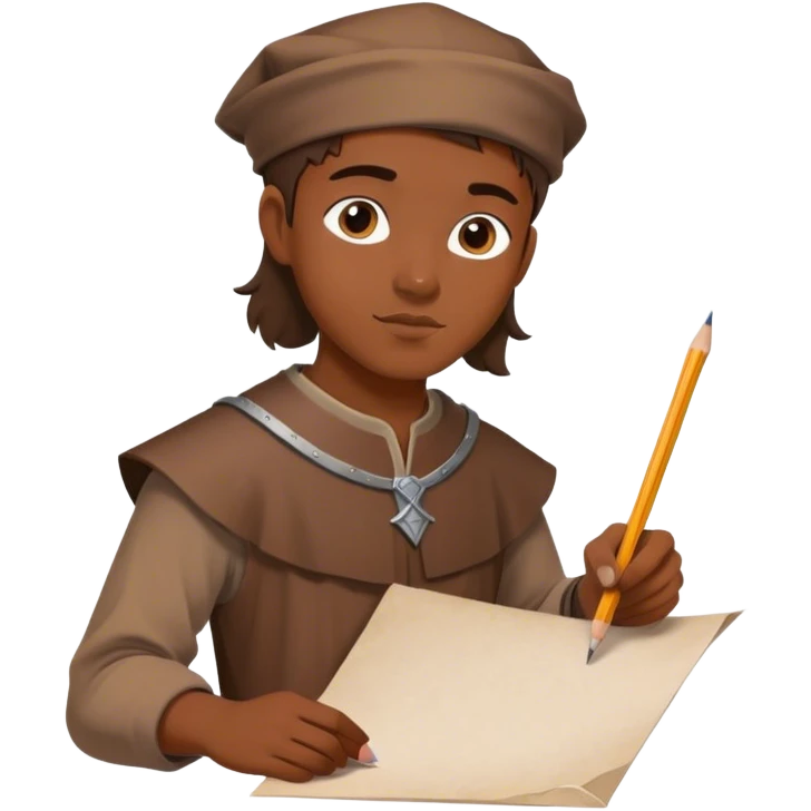 smart young medieval painter apprentice whit brown tunic drawing paper and pencil emoji