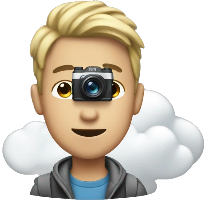 a boy with a camera and clouds around emoji