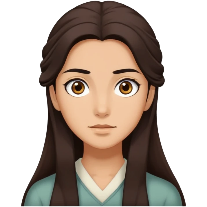  brunette with long dark brown hair, dark brown eyes and thick eyebrows ghibli style emoji