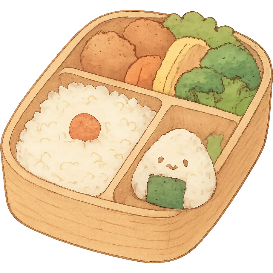 Japanese style bento box with a tiny onigiri, soft pastel kawaii hand-drawn style, full object emoji