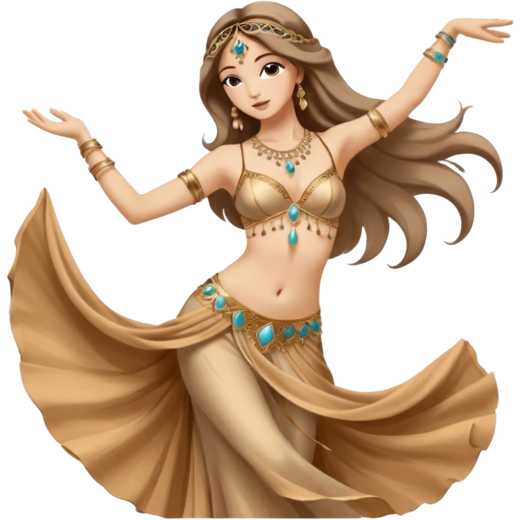Belly dancer icon in artistic sketch style, drawn with sepia and soft pastel strokes, delicate lines and warm tones. Minimal background, graceful pose with one arm raised, flowing hair and fabric, elegant and expressive. emoji