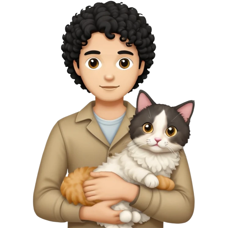 A man with black curly hair holding a ragdoll cat emoji