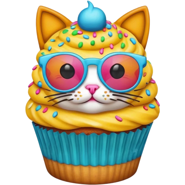 funny colorful cupcake with cat head wearing sunglasses, emoji style emoji