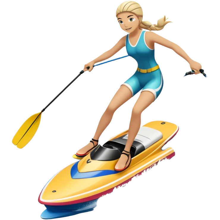 An icon showing an athlete balancing on two water skis, holding onto a rope pulled by a speedboat. Water splashes trail behind as the skier rides across the surface with no poles. Transparent background emphasizes the excitement and balance of water skiing. emoji