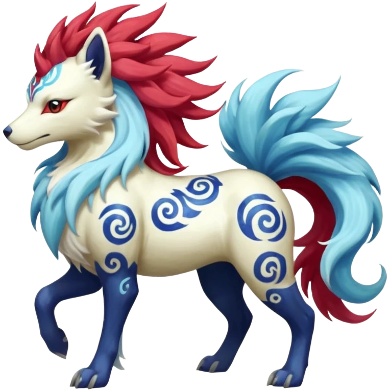 Tropical Tiny Marked Patterned Tribal Shiny Albino Painted Oriental Asian Patterned Tropical Exotic Toxic Suicune-Solgaleo-Rapidash-Arcanine-Absol-fusion-hybrid-creature (full body) emoji