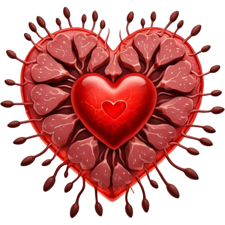 Glowing pieces of red meat and liver floating around a bright red heart and shining blood cells. Red energy streams connect the meats to the blood and heart, showing how heme iron creates vitality and supports circulation throughout the body. emoji