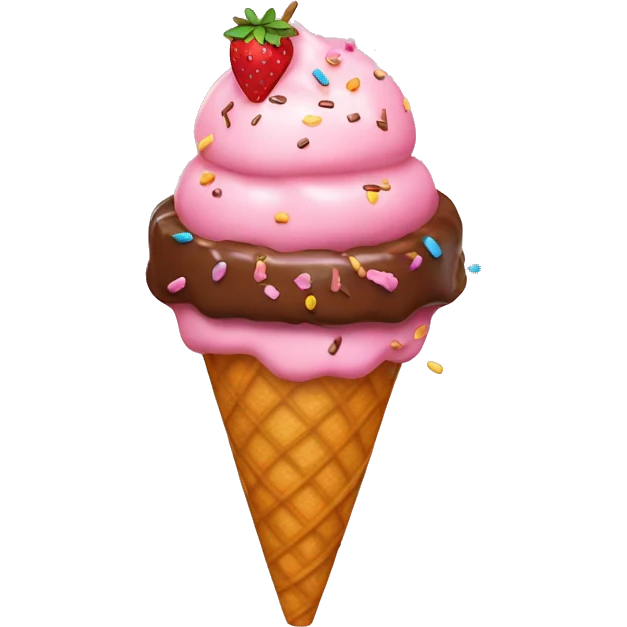 strawberry icecream with chocolate with a pink bow on top with sprinkles in a cone emoji