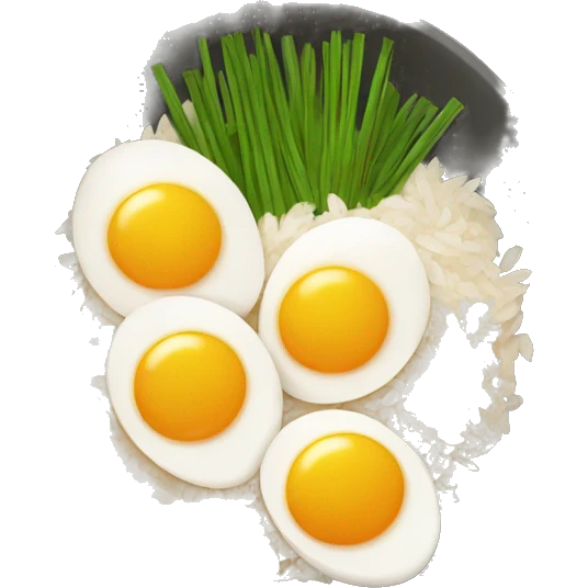 a bowl of rice with two eggs and two chicken emoji