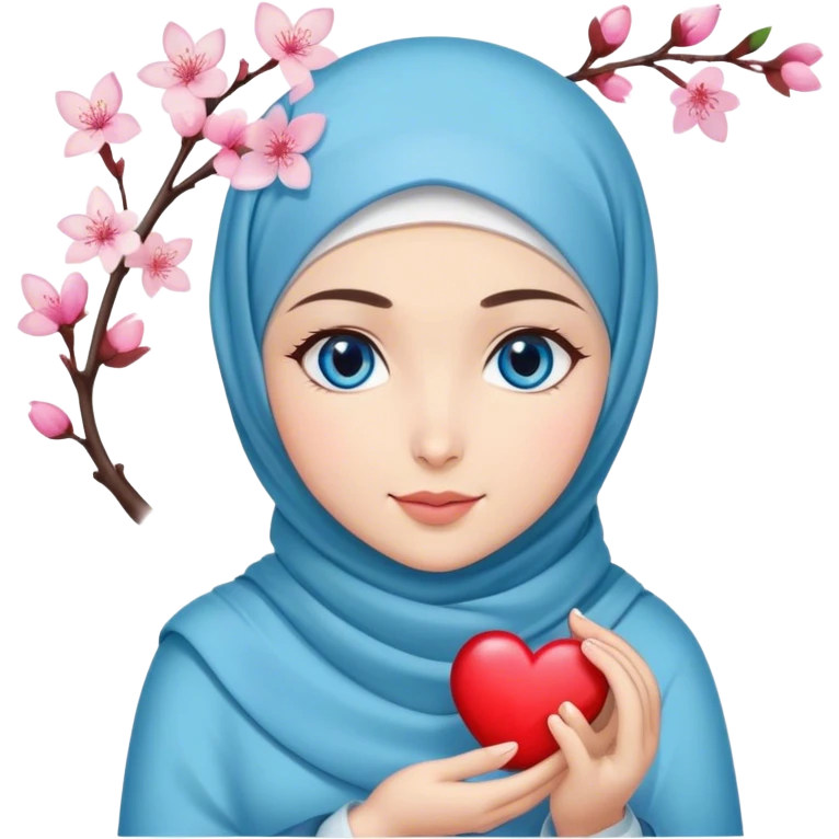 Turkish beautiful finish Konya girl blue eyes with cherry blossom flower design hijab and hold heart in her hand  emoji