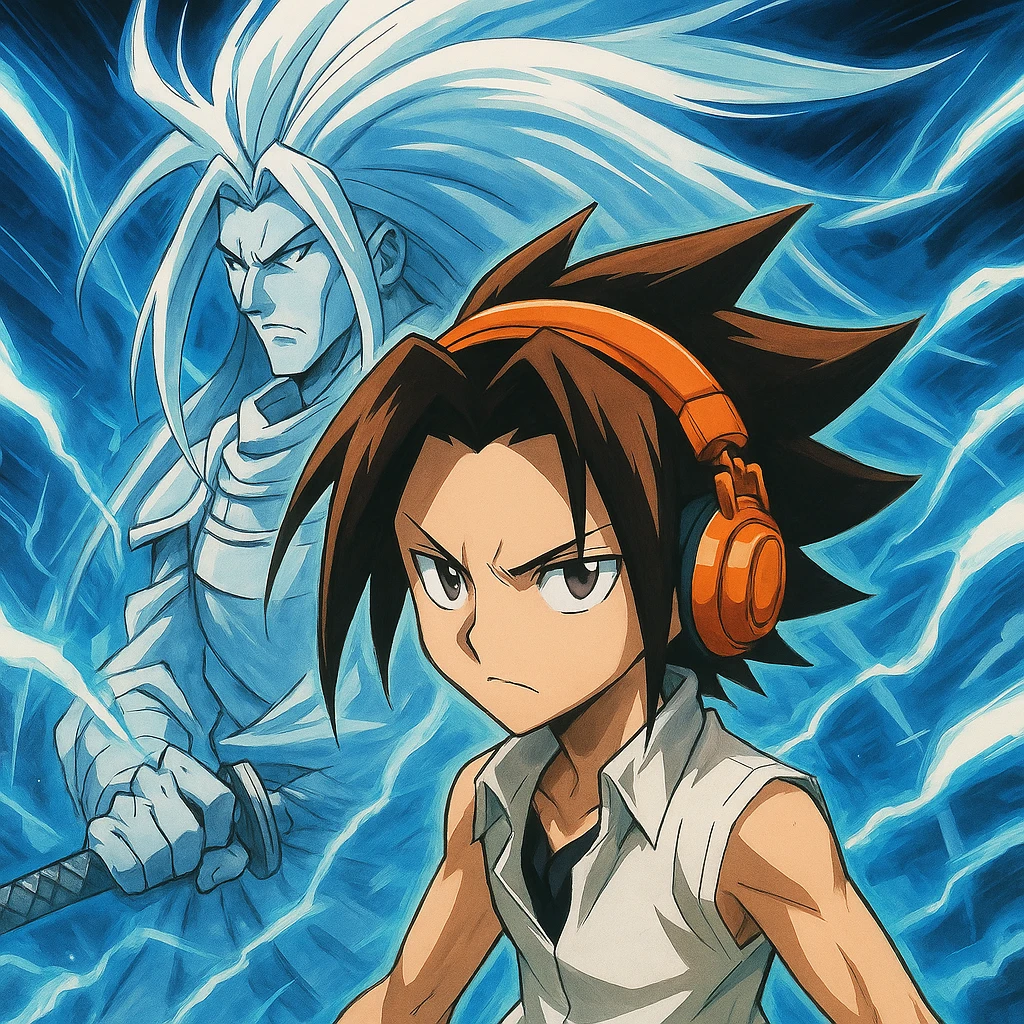 Yoh Asakura, determined look, spiky brown hair, orange headphones, with Amidamaru spirit behind him, anime style emoji
