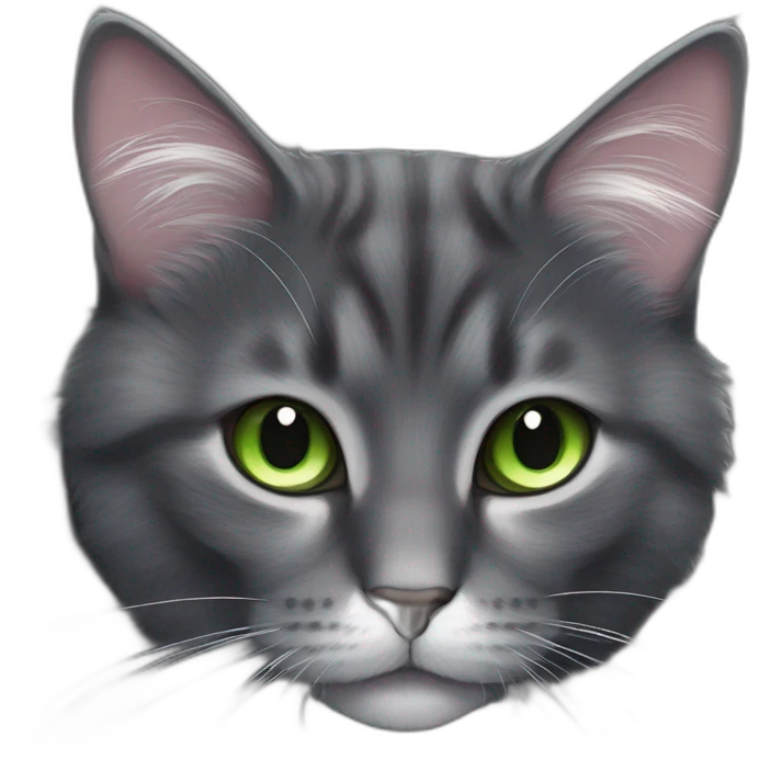fluffy dark grey cat with pinknose, green eyes and white long whiskers, near the nose there are white spots emoji