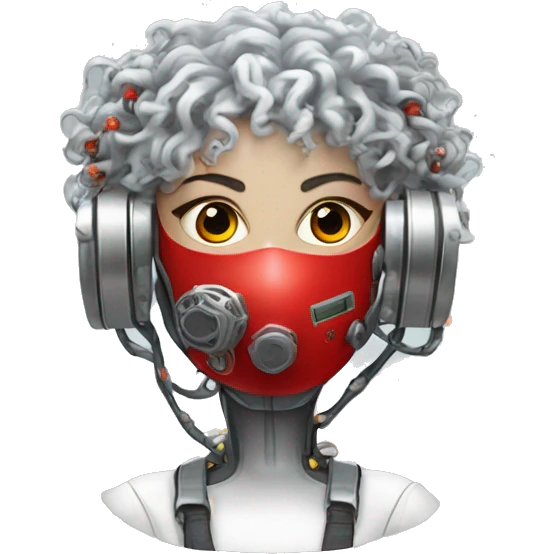 Silver curly hair female cyborg head with red respirator mask and circuits emoji
