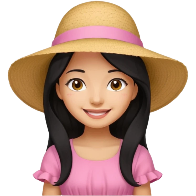 Girl in pink dress and sunhat smiling, black 2 string dress, blakc hair emoji