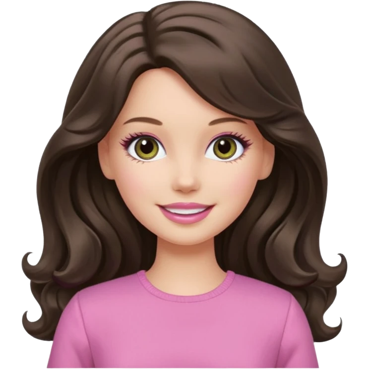 A white Barbie girl with long dark brown wavy hair in pale olive clothes pink and smail emoji