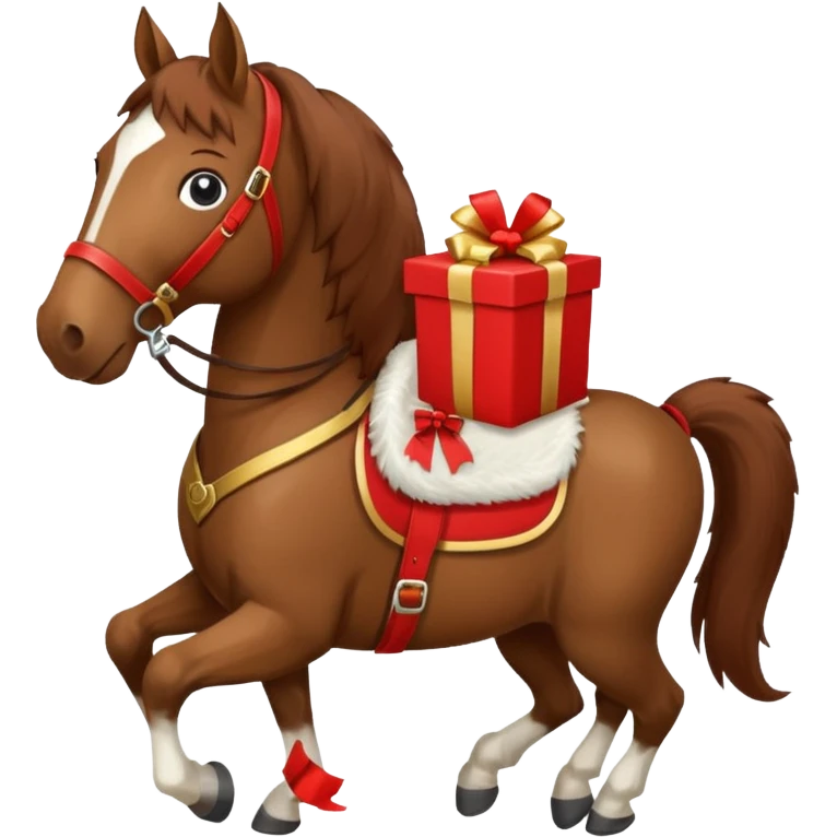 a New Year's horse with a red saddle, which has a red gift box with a white bow on the saddle emoji