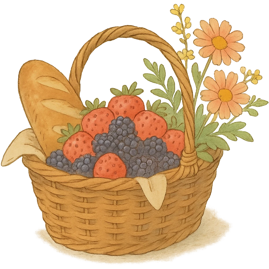 picnic basket with berries, bread, and flowers in warm pastel shades, soft Ghibli style emoji