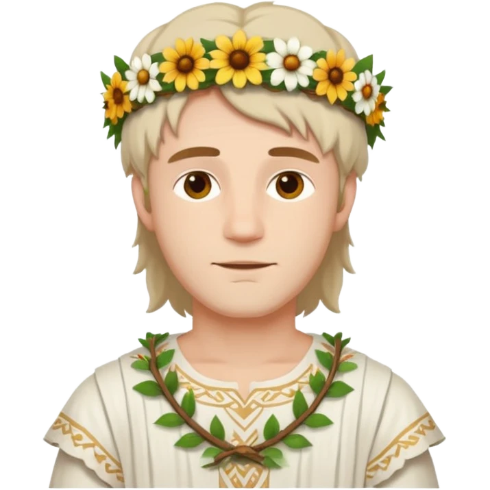 A guy with traditional clothes from midsummer festival, white tunica, flowers crown emoji