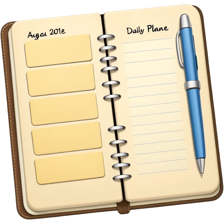 daily planner agenda cream leather with open page and pen with stickynotes emoji