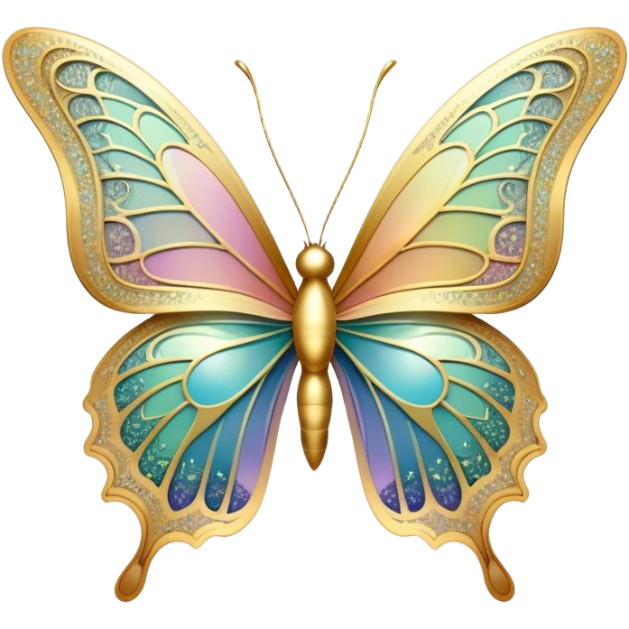 Pastel sparkly gold glittery iridescent rainbow transparent butterfly with detailed intricate patterns emoji