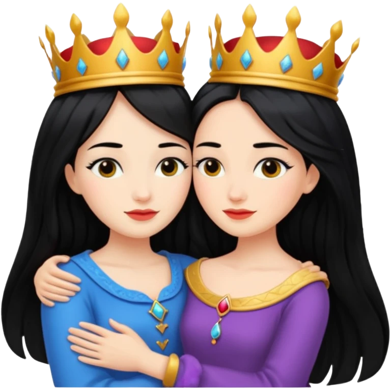 Two queens with long black hair hugging. emoji