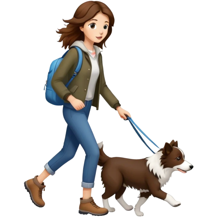 Beautiful brown-haired girl walking a Border Collie emoji