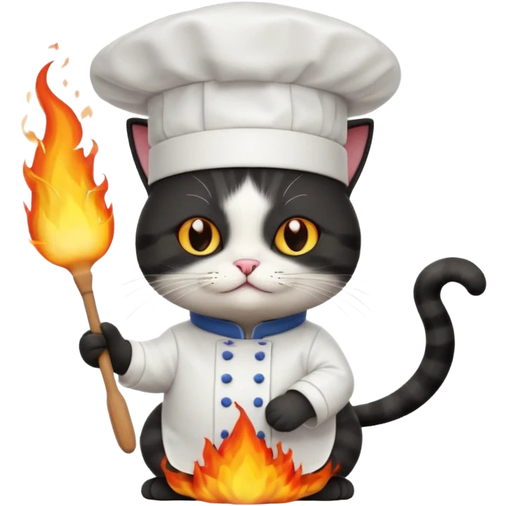 black chef cat wearing a tall white chef hat, burning hat emoji