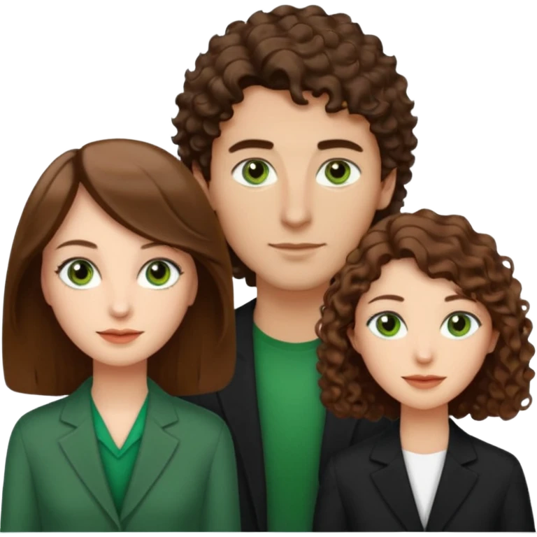 Man in the middle with brown straight hair and green eyes, women next to him with short brown hair with slight waves, tall women on right side with shoulder length curly hair and brown eyes emoji