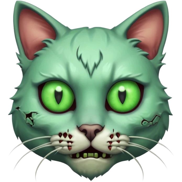 zombie cat portrait, head and shoulders only, pale fur, cracked skin patches, eerie glowing eyes, mischievous undead vibe, 3D cartoon, mobile game icon style, clean background, no text, no watermark
 emoji