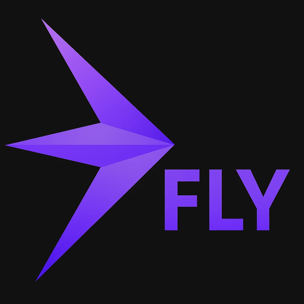 Add the word FLY in a bold, modern font next to or below the logo. Keep the style clean and professional, matching the purple gradient of the logo. emoji