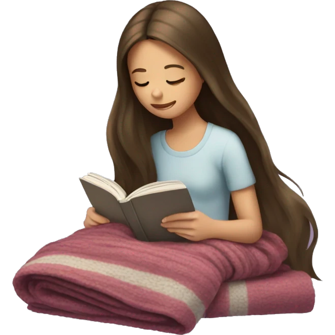 Long hair brunette girl reading with lots of blankets emoji