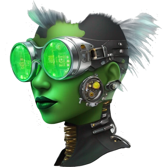 Neon green Mohawk hair Latina female cyborg head with silver steampunk goggles and circuits emoji