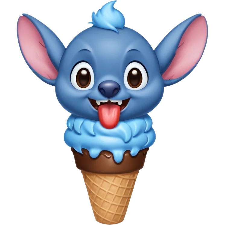 The Disney creature stitch happily licking a chocolate ice cream cone with his full body showing emoji