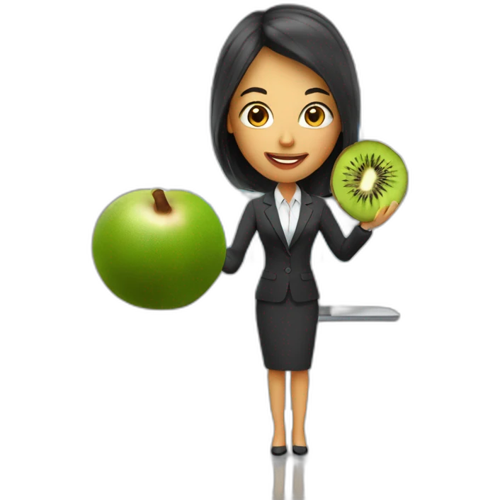 a woman in a suite, holding a kiwi, while giving a presentation emoji