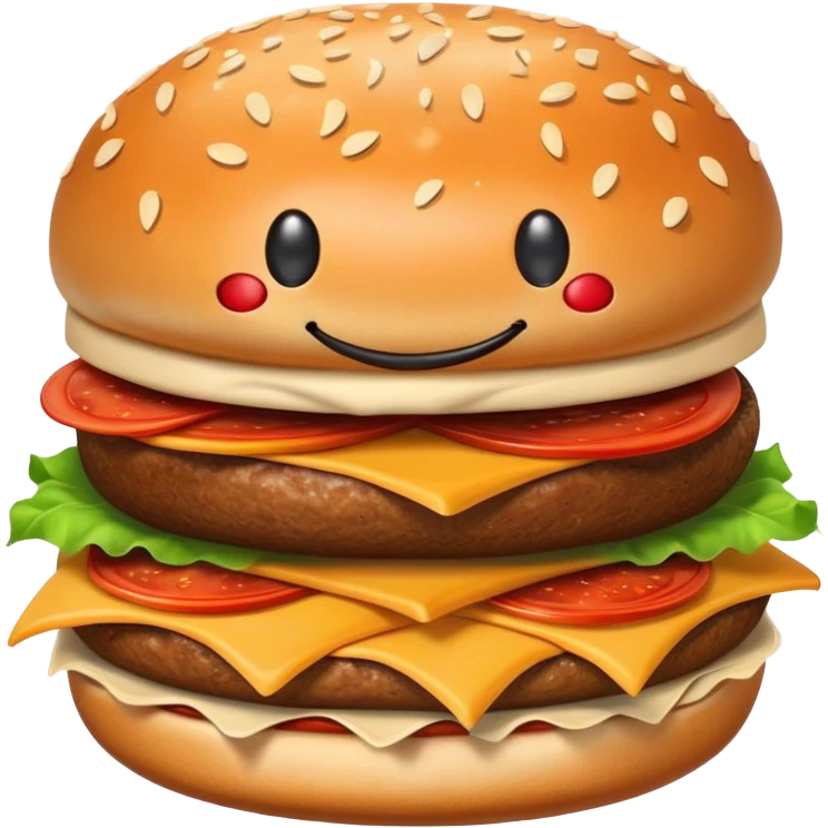 A happy smiling burger next to a pizza slice and french fries emoji