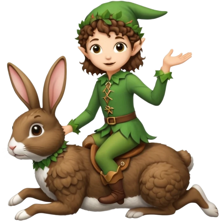 tiny forest elf short tight curly brown hair riding rabbit emoji