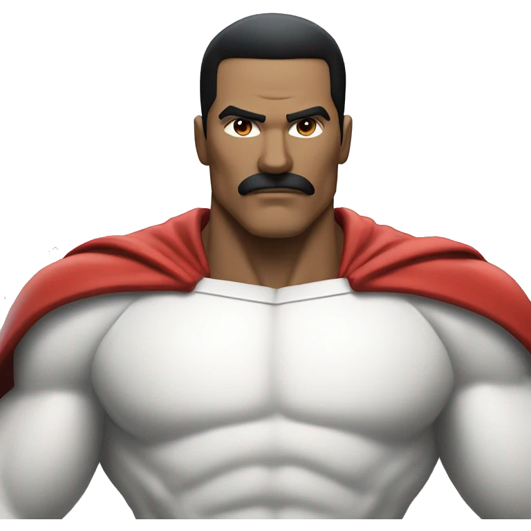  Omni-Man from Invincible. Focus on a strong, muscular figure with a prominent mustache and short black hair. He should be wearing a white suit with red accents—red gloves, boots, and a red cape—along with a bold 'O' symbol on his chest. emoji
