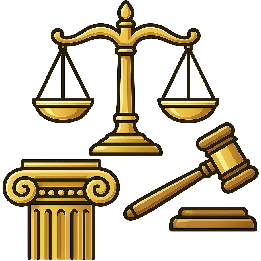 Vector illustration of a classic symbol of law (e.g. scales of justice, gavel, courthouse column), designed with elegant and refined lines. Include intricate golden detailing, soft gradients for a polished metallic look, and realistic shadows and highlights for depth. Style should be clean and professional, with a modern yet timeless feel. Transparent background emoji