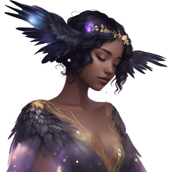 Black Raven wings bohemian girl Ethereal iridescent galaxy constellation girl angel raven wings black wings, gold arrow, nebula, flower crown, fairy lights, nature, shot by golden arrow emoji