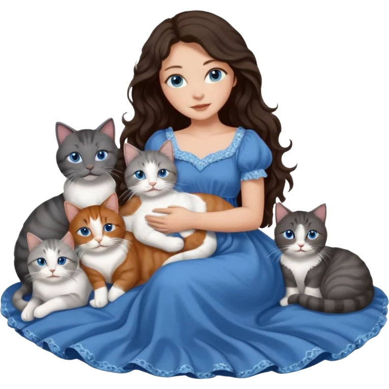 detailed realistic looking a dark grey and white cat regally laying with six other cats, cuddling with their owner in bed who is a pretty bratz lightly tanned white girl with long dark brown hair, blue eyes and gorgeous long wavy hair wearing a pretty detailed dress emoji