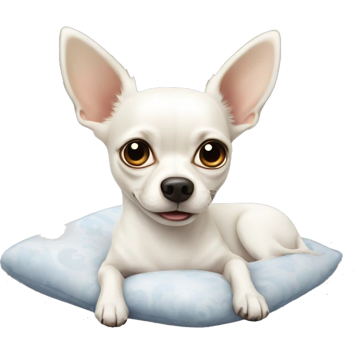 A white Chihuahua dog lying on a bed. emoji