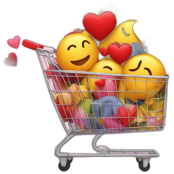 shopping cart with hearts and emojis inside emoji