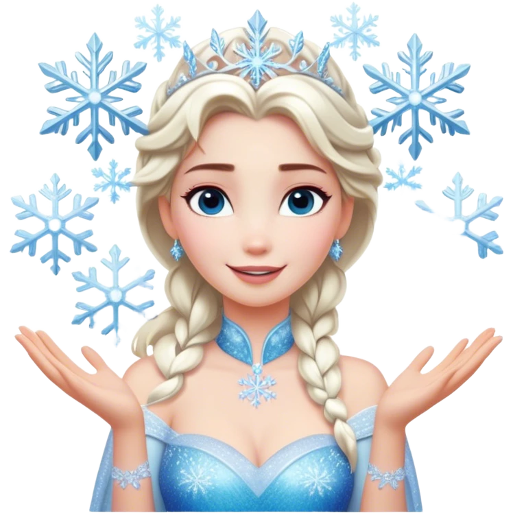 Cinematic Elegant Elsa Portrait Emoji, Standing gracefully with snowflakes forming in her hands, a soft yet confident smile, frosty shimmer surrounding her, a queen in perfect icy splendor! emoji