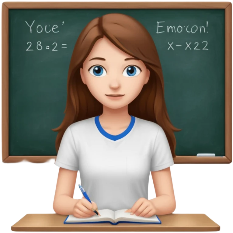 high school class room with a pretty female high school student with long brown hair, blue eyes sitting in front of the blackboard emoji