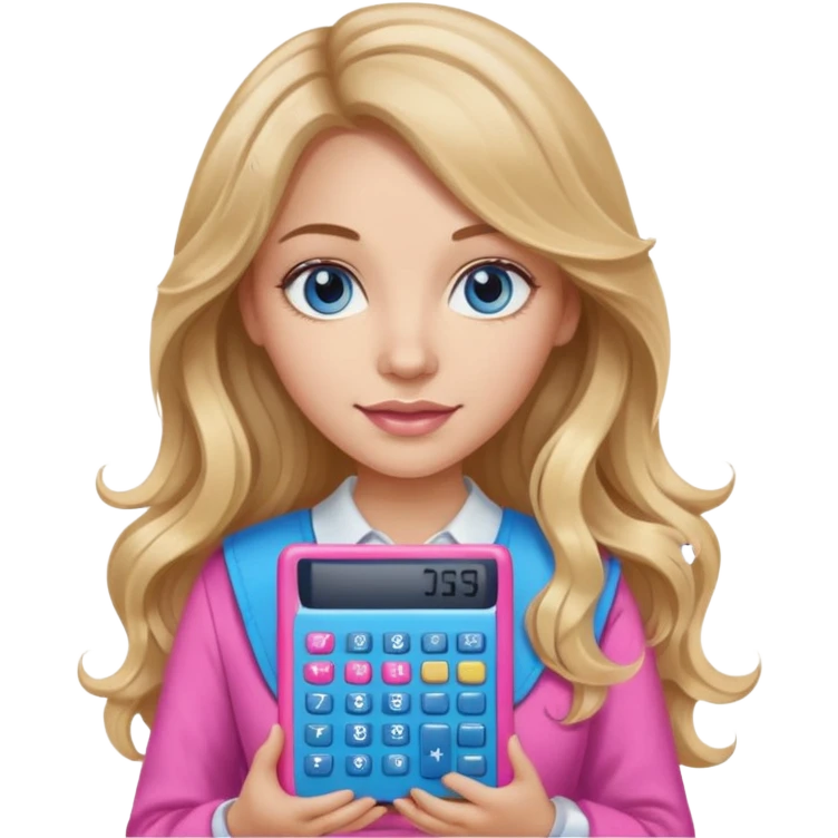 pretty female with long wavy brown hair with blonde highlights and blue eyes holding a pink calculator emoji