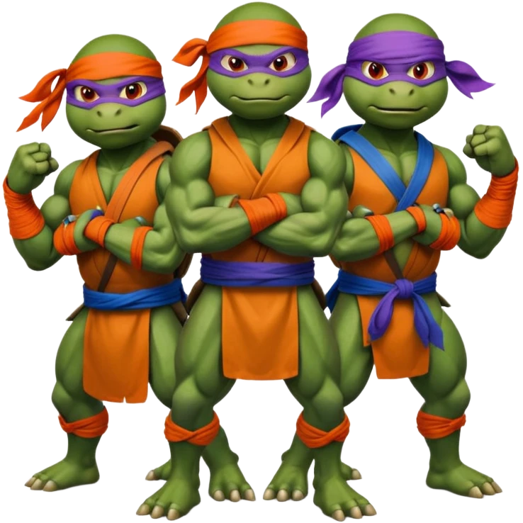 Give me a picture of 4 teenage mutant ninja turtles. Make them hold a fighting pose. Their bandana colors should be red, another orange, another purple, another blue. emoji