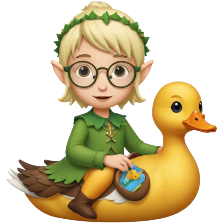 tiny forest elf blode hair with round glasses riding a duck emoji